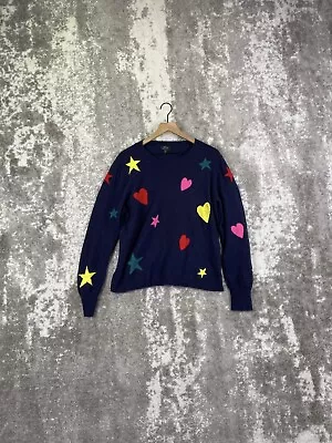 J Crew Sweater XL Womens Blue Cashmere Hearts & Stars Crewneck • $19.99