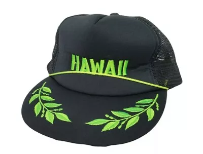 Vintage Hawaii Mesh Trucker Hat Cap Black Green Leaf Snapback Hawaiian Headwear • $12.99