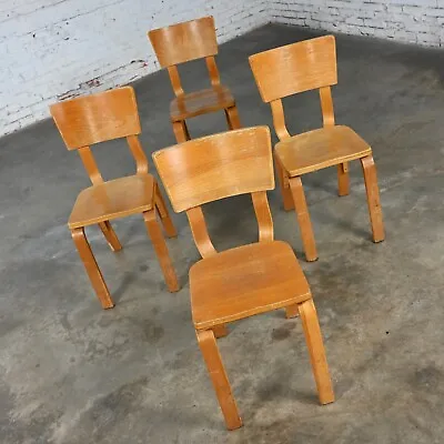 Set 4 MCM Thonet #1216 Dining Chairs Bent Oak Plywood Saddle Seat Single Bow • $1495