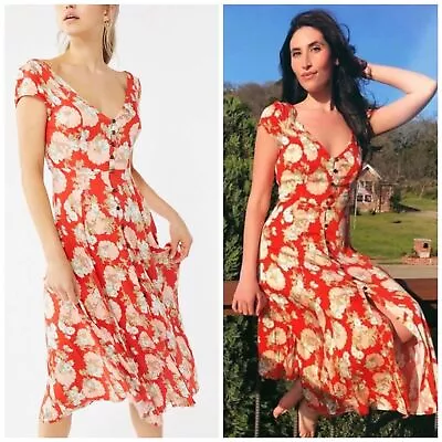 UO Malena Red Boho Floral Button Front Midi Dress • $36