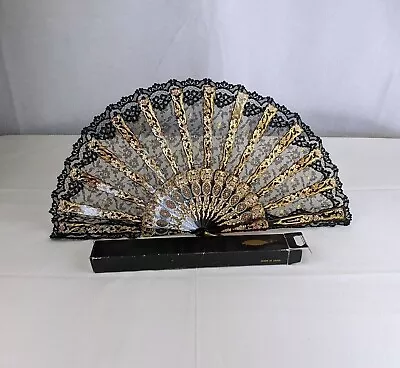 F. Abanico Folding Hand Fan Black Gold Pink Lace Plastic Spain Costume Decor • $22.24