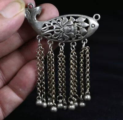 5.5CM Rare Old Chinese Miao Silver Feng Shui Lotus Fish Bell Lucky Pendant • $15