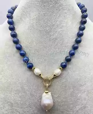 Blue Lapis Lazuli Natural White Keshi Baroque Pearl Pendant Necklace 6/8/10/12mm • $22.48