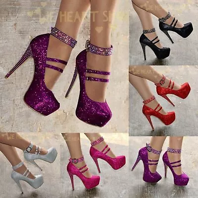 £26.99 • Buy Ladies Diamante Stiletto Shoes Evening High Heels Ankle Strap Sparkly Sizes 3-8