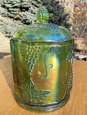 LARGE Indiana Green Carnival Glass Jar Canister Harvest Grape 10  H X 6 1/4  Dia • $39.95