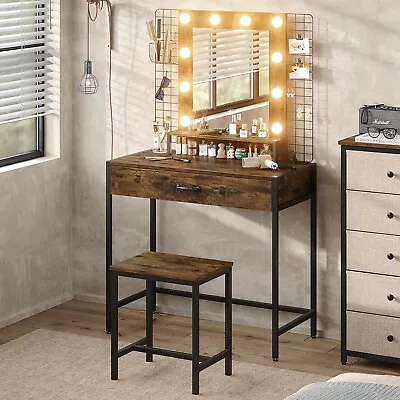 Rustic Brown Dressing Table With Stool - Bedroom Vanity Set • $273.31