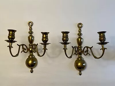 Pair Of Vintage Brass Wall Sconces Twin Candlestick Holder Double Arm Candelabra • $28.99