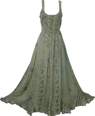 Maxi Gothic Dress Corset Pagan Embroidered OLIVE Size 10 12 14 16 18 20 22 24 • £27.99