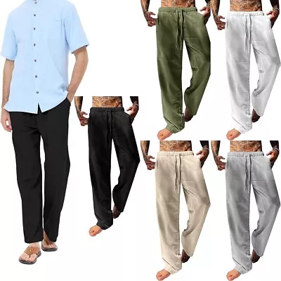 Summer Mens Trousers Linen Casual Cotton Baggy Loose Yoga Hippy Elasticated Pant • £10.89