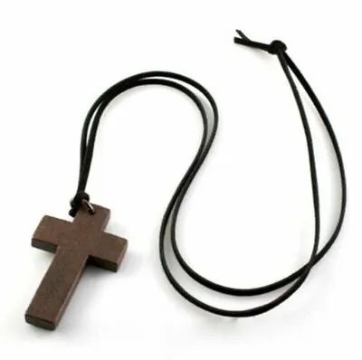 £3.95 • Buy Leather Cord Wooden Cross Necklace Crucifix Religion Pendant Stocking Filler