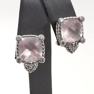 Judith Ripka Sterling Silver Cz Genuine Rose Quartz Clip On Non Pierced Earrings • $141.55