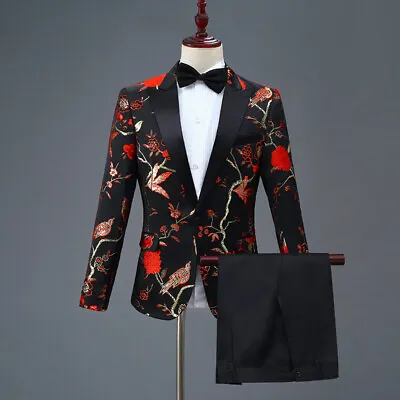 Men Embroidered Suit Lapel Blazer Jacket Coat Trousers Pants Wedding Party Stage • $84.87