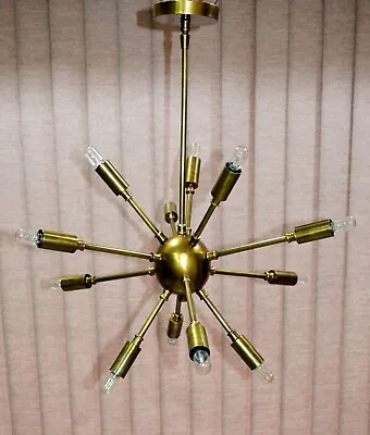 Vintage Antique Brass Mid Century 12 Arms Sputnik Pendant Chandelier Fixture • $216.82