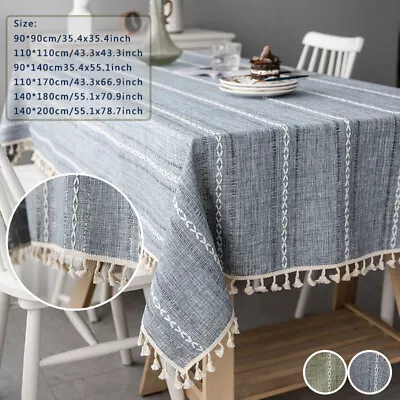 Rectangle Cotton Linen Tablecloth Striped Tassel Table Cloth Home Dust Cover UK • £11.49