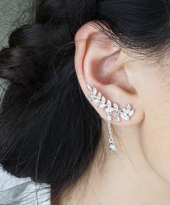 Silver Elegant Crystal 2 In 1 Leaf And Vine Ear Cuff Earrings Rhodium Plating  • $15.95