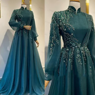 Elegant Muslim Wedding Dresses Teal Chiffon Lace High Neck Bridal Gowns Custom • $125.09