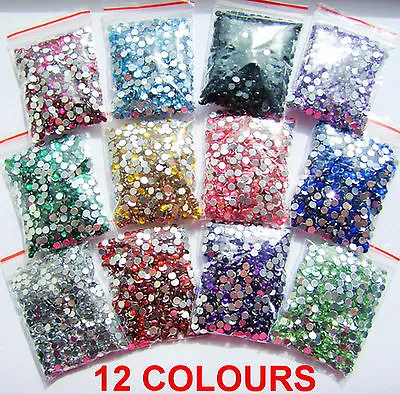 12 Colours 1000pcs Crystal Flat Back Acrylic Rhinestones Gems 3mm 4mm 5mm Craft • £0.99