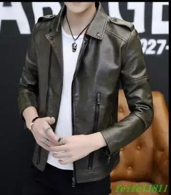 Fashion Men's Youth Faux Leather Jacket Slim Fit Zipper Short Coats Casual 2023 • $52.50