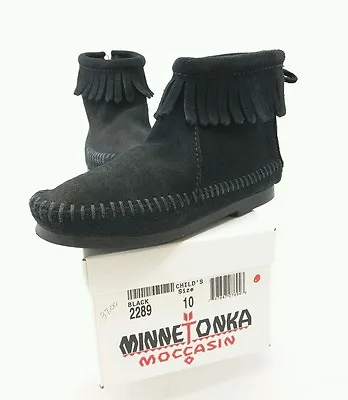 Minnetonka Moccasin Girl Boy Black Suede Fringed Ankle Boot Shoe Size 10 # 2289  • £19.34