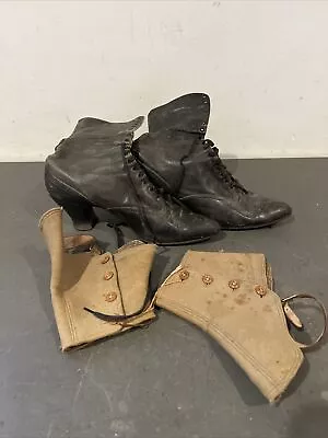 $30 • Buy Antique Women’s Victorian Boston Queen Quality Shoes Boots Black Leather Gators