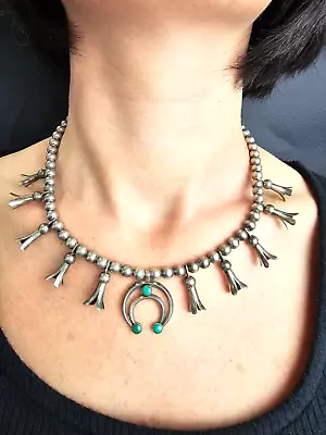 Southwestern Navajo Old Pawn Sterling Silver Turquoise Squash Blossom Necklace • $41