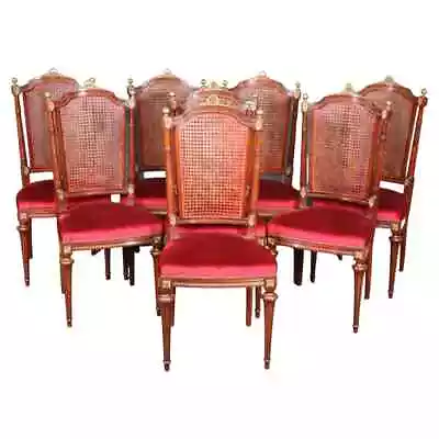 Set Of 8 French Louis XVI Style Mahogany Cane Back Dining Chairs With Ormolu • $2605.50