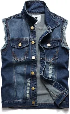 Men's Denim VestSleeveless Jacket Slim Fit Vintage Casual Ripped Vest All Color • $22.99