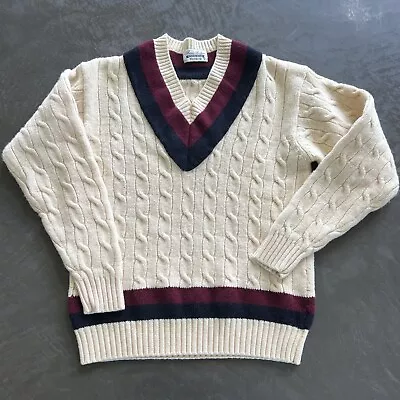 VTG Brooks Brothers Mens Ivory Cable Knit Tennis Sweater 100% Merino Wool Size S • $78