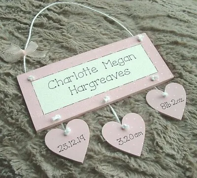 £8.50 • Buy Personalised Baby Girl Birth Keepsake Plaque With Hanging Hearts