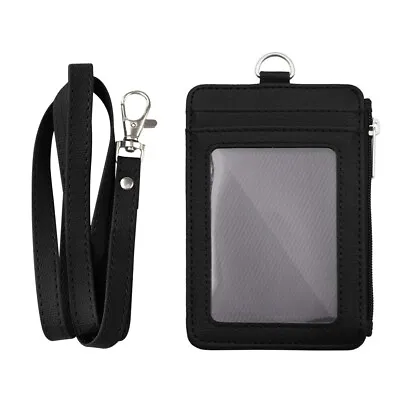 $7.59 • Buy Badge Holder Leather ID Card Holder With 5 Card Slots Zipper Pocket Neck Lanyard