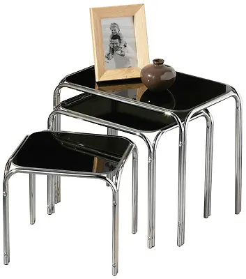 £64.99 • Buy Black Glass Nest Of Tables With Chrome Finish Frame & Modern Stylish Design