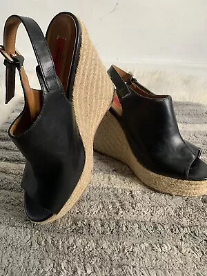 London Rebel Black Leather Espadrille Wedge Heels Shoes Size:usa10 Uk8 Eu41 • £22