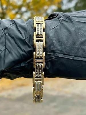 Men's Band Bracelet Of 10 CT Round Cut Simulated Diamond 925 Yellow Gold Plated • $297.07