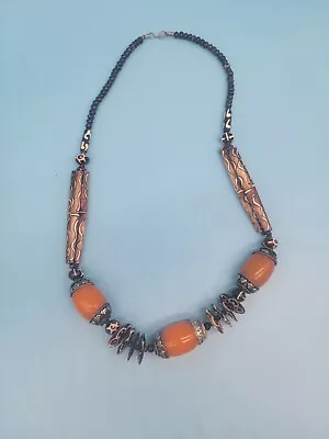 1980's Vintage Moroccan Amber Silver Plated Necklace Tribal Ethnic 144 Grams • $74.99