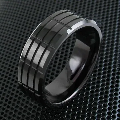 CLOSEOUT! Tungsten Carbide Ring Black Multi-Grooved Wedding Band Men's Jewelry • $8.99