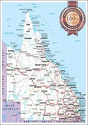 Queensland State Roads Qld Map Of Australia Aus Wall Chart Print Premium Poster • $17.95