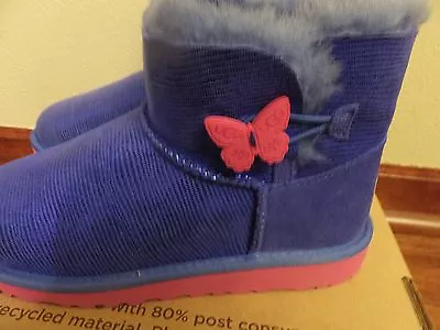 Youth 4 UGG Girls Mini Bailey Button Lizard Blue Butterfly Winter Boots 1002678 • $99.99