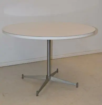 Mid Century Modern Round White Laminate & Aluminum Table Style Of Ray Eames  • $500