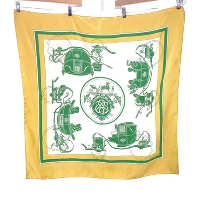 $198 • Buy Vintage HERMES Ex Libris Silk Scarf Silk Green Carriage Print Carre 35 X 34