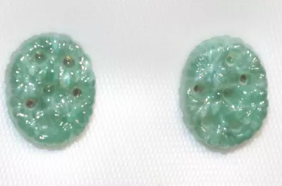 Vintage Gorgeous  14K GF Green Molded Jade Carved Flower 9MM  Stud Earrings • $30