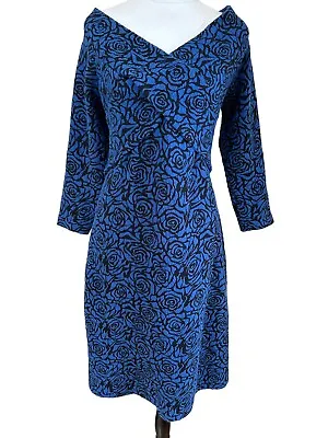 CARLA ZAMPATTI Blue & Black Floral Jacquard Jersey Dress Size 12 Stretch • $130