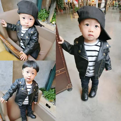 Faux Leather Girl Boy Lapel Coat Jacket Kid Baby Biker Zip Up Outwear Jacket • £16.89