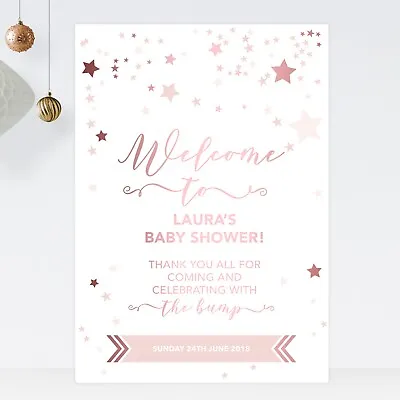 Personalised Baby Shower Welcome Sign Rose Gold Effect And Pink Stars (ST11) • £4.75