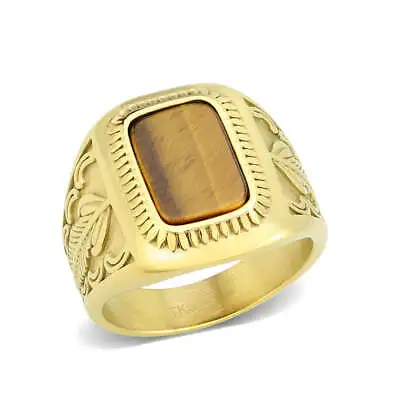 Mens Amber Ring Gold Matt Brown Signet Emerald Cut Pinky Stainless Steel 18kt • £16.99