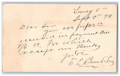 $29.95 • Buy 1899 Payment Letter NL Menefee Luray Virginia VA Kimball VA Antique Postal Card