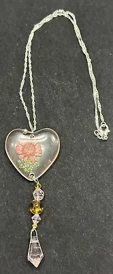 Heart Glass Pendant W Beads Necklace 18” Dried Flower - Stainless Steel Chain • $7.99