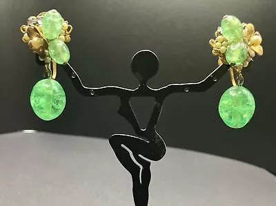 Vintage Unsigned Miriam Haskell ? Wire Construction Green Glass Earrings • $29