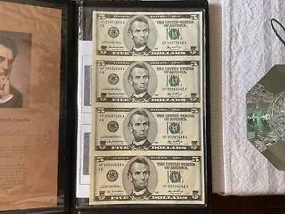 UNCUT SHEET OF 4 2006 FIVE DOLLAR BILLS $5 World Reserve Monetary Exchange • $45