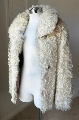 Vintage 1970s Mongolian Curly Lamb Fur Jacket Shaggy Bohemian Blond Cream Coat M • $165