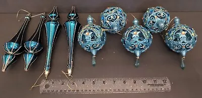 Set Of 9 Blue W/Gold Victorian Glitter Ornaments • $19.95